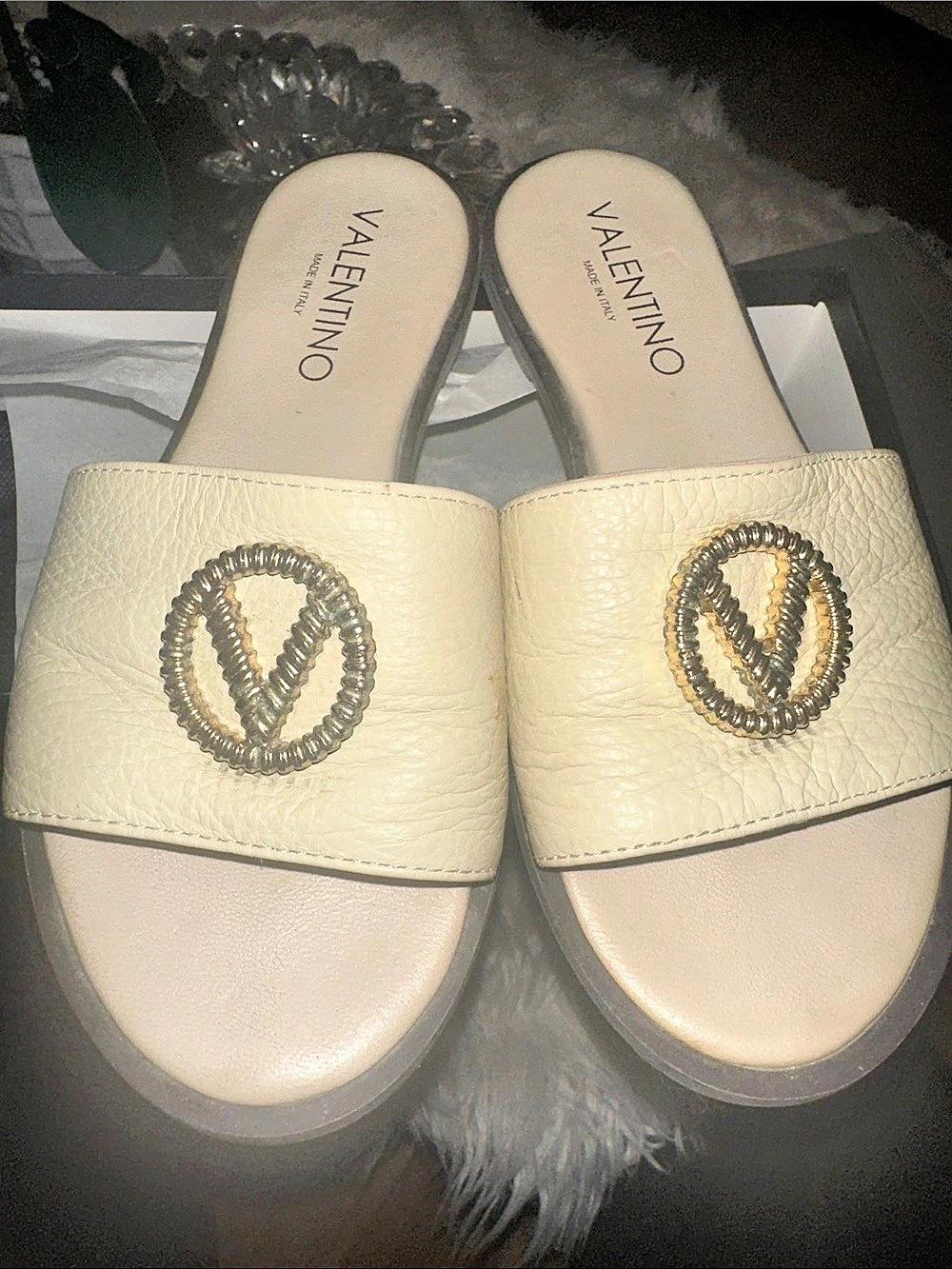 Valentino Logo Slide Sandals in Cream